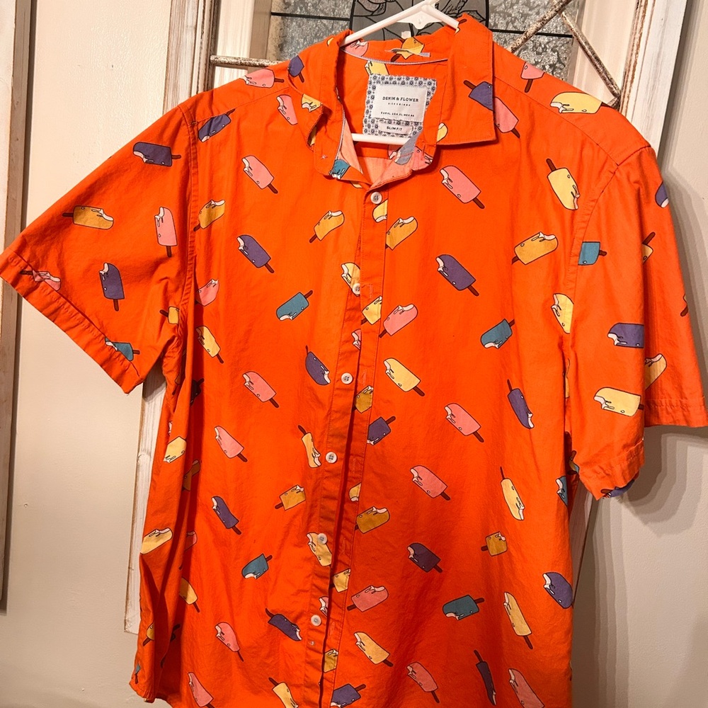 EUC! Denim& Flower casual shirt Orange w/popsicles XL
